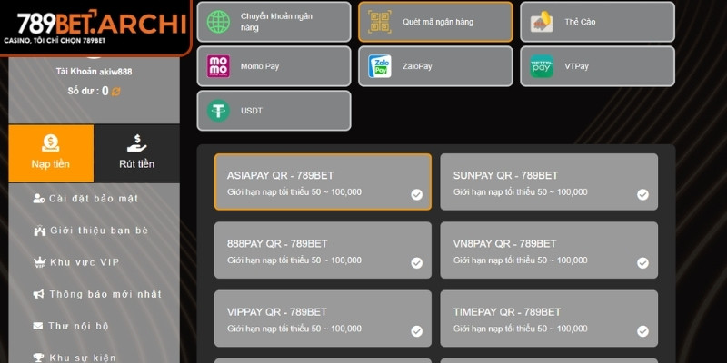 Các hình thức nạp rút tiền 789Bet phổ biến hiện nay 